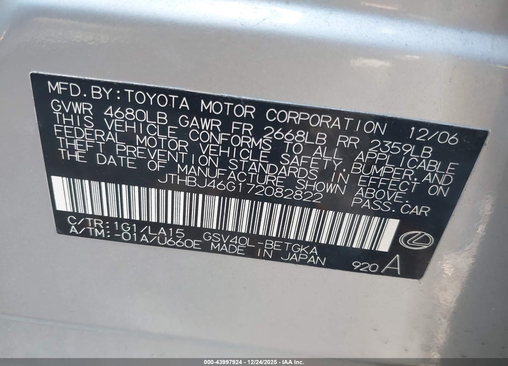 2007 LEXUS ES 350 VIN: JTHBJ46G172082822