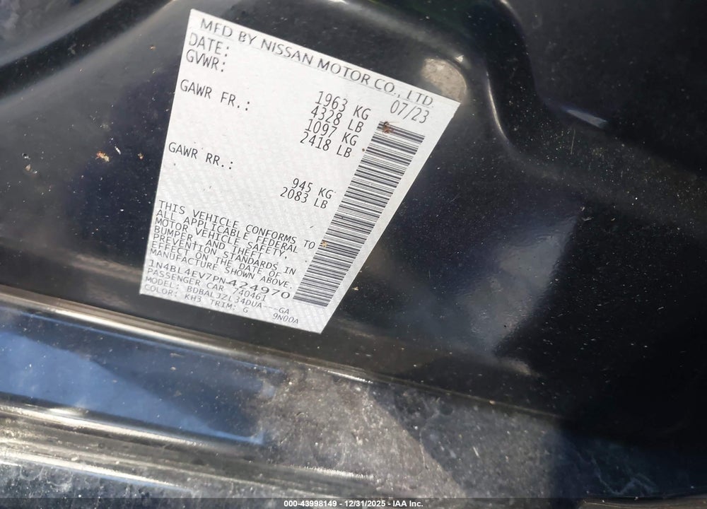 2023 NISSAN ALTIMA SL FWD VIN: 1N4BL4EV7PN424970