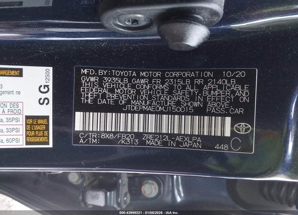 2021 TOYOTA COROLLA LE VIN: JTDEPMAE0MJ150015