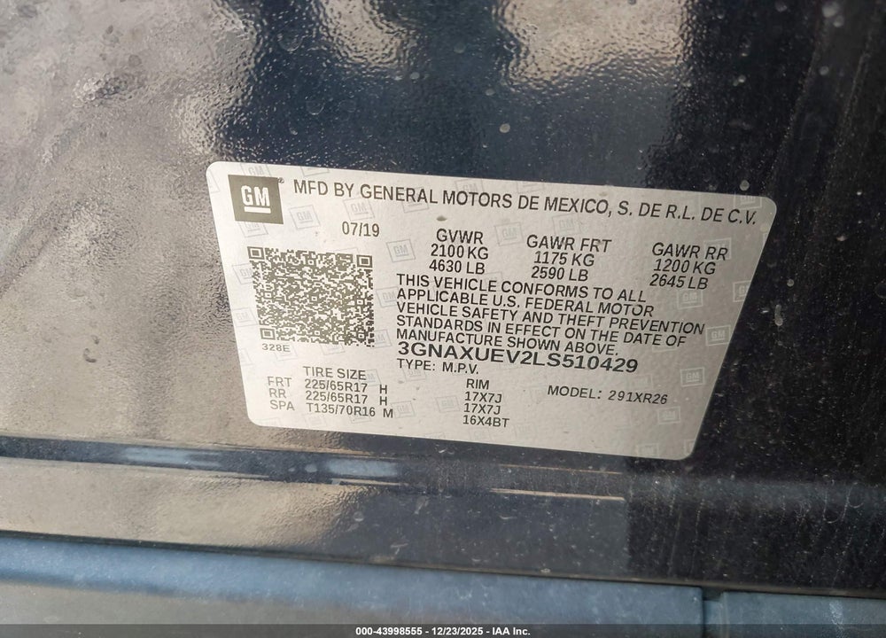 2020 CHEVROLET EQUINOX AWD LT 1.5L TURBO VIN: 3GNAXUEV2LS510429