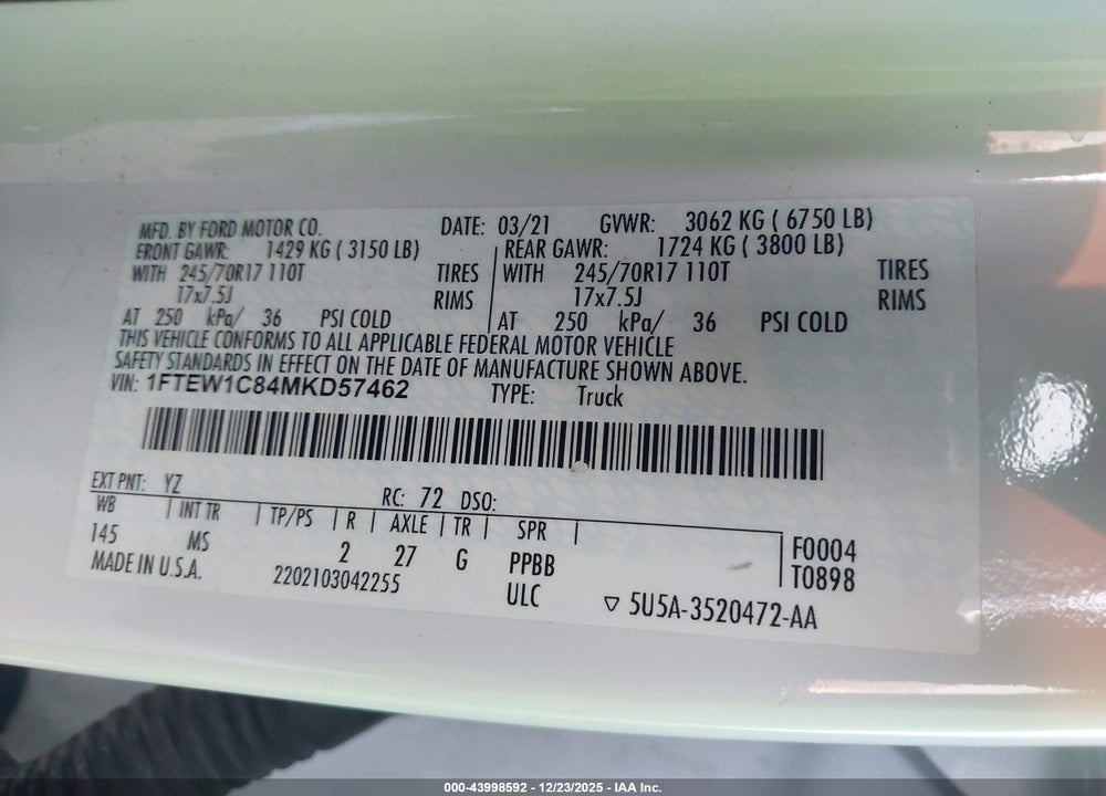 2021 FORD F-150 XLT VIN: 1FTEW1C84MKD57462
