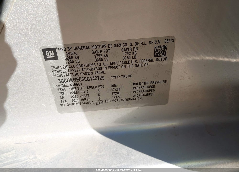 2014 CHEVROLET SILVERADO 1500 1LT VIN: 3GCUKREC6EG142729
