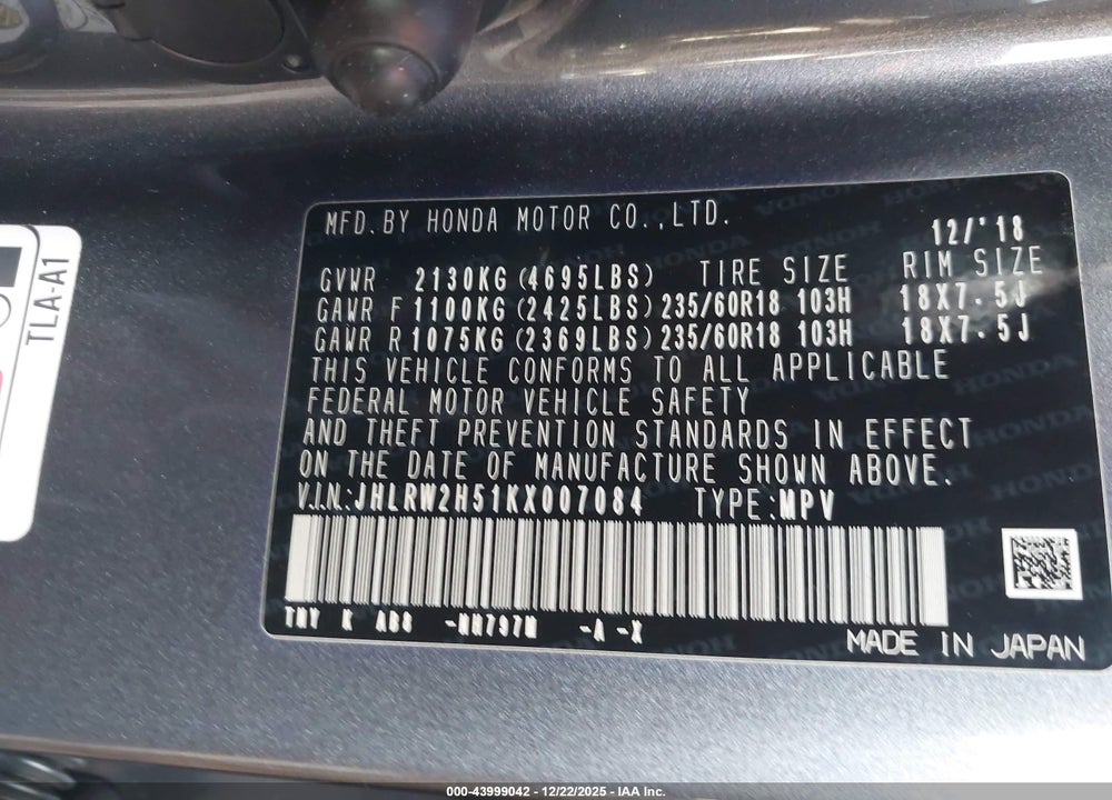 2019 HONDA CR-V EX VIN: JHLRW2H51KX007084