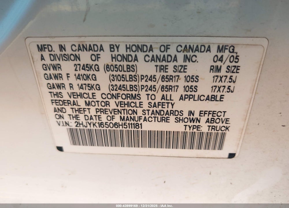 2006 HONDA RIDGELINE RTL VIN: 2HJYK16506H511181