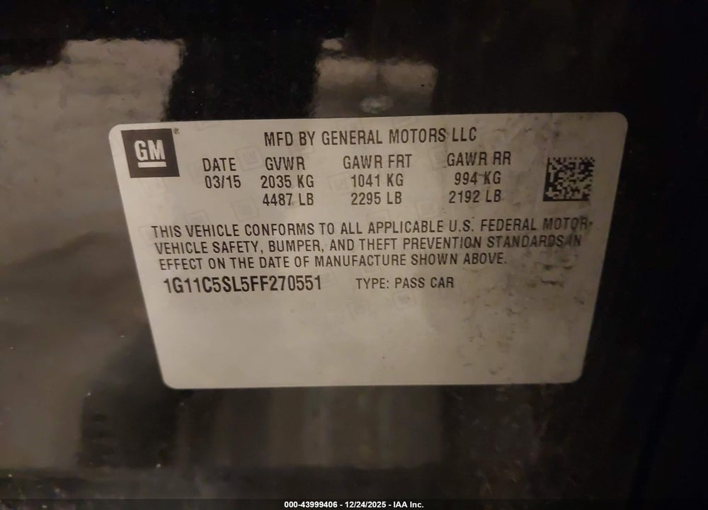 2015 CHEVROLET MALIBU 1LT VIN: 1G11C5SL5FF270551