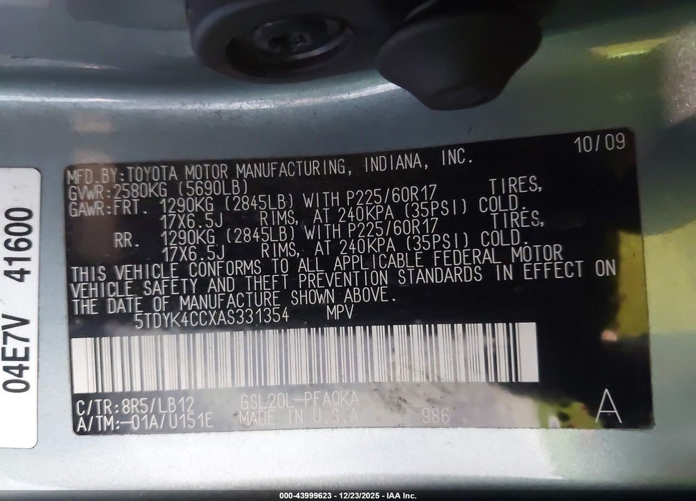 2010 TOYOTA SIENNA LIMITED VIN: 5TDYK4CCXAS331354