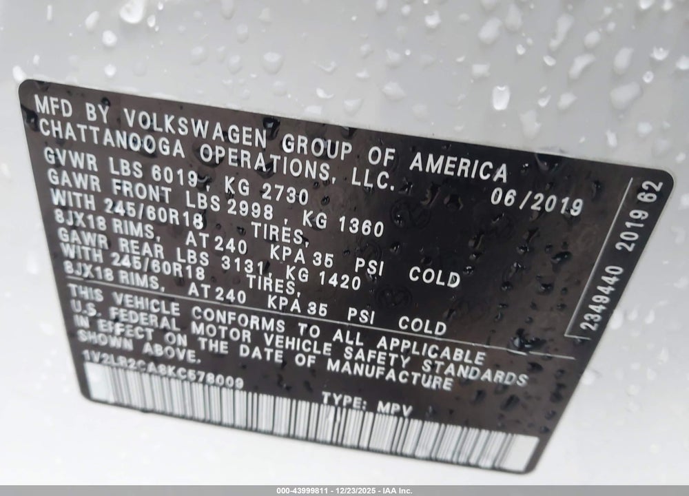 2019 VOLKSWAGEN ATLAS 3.6L V6 SE VIN: 1V2LR2CA8KC578009