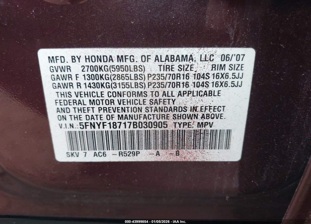 2007 HONDA PILOT EX-L VIN: 5FNYF18717B030905