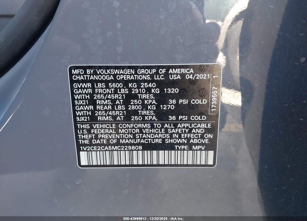 2021 VOLKSWAGEN ATLAS CROSS SPORT 3.6L V6 SEL R-LINE VIN: 1V2CE2CA5MC229808