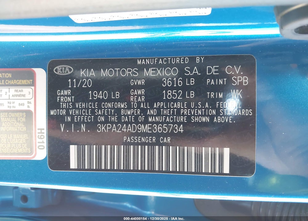 2021 KIA RIO S VIN: 3KPA24AD9ME365734