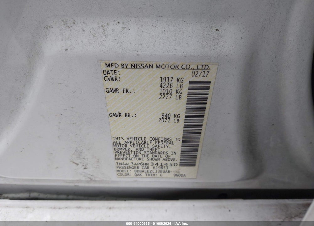 2017 NISSAN ALTIMA 2.5 S VIN: 1N4AL3AP6HN341450