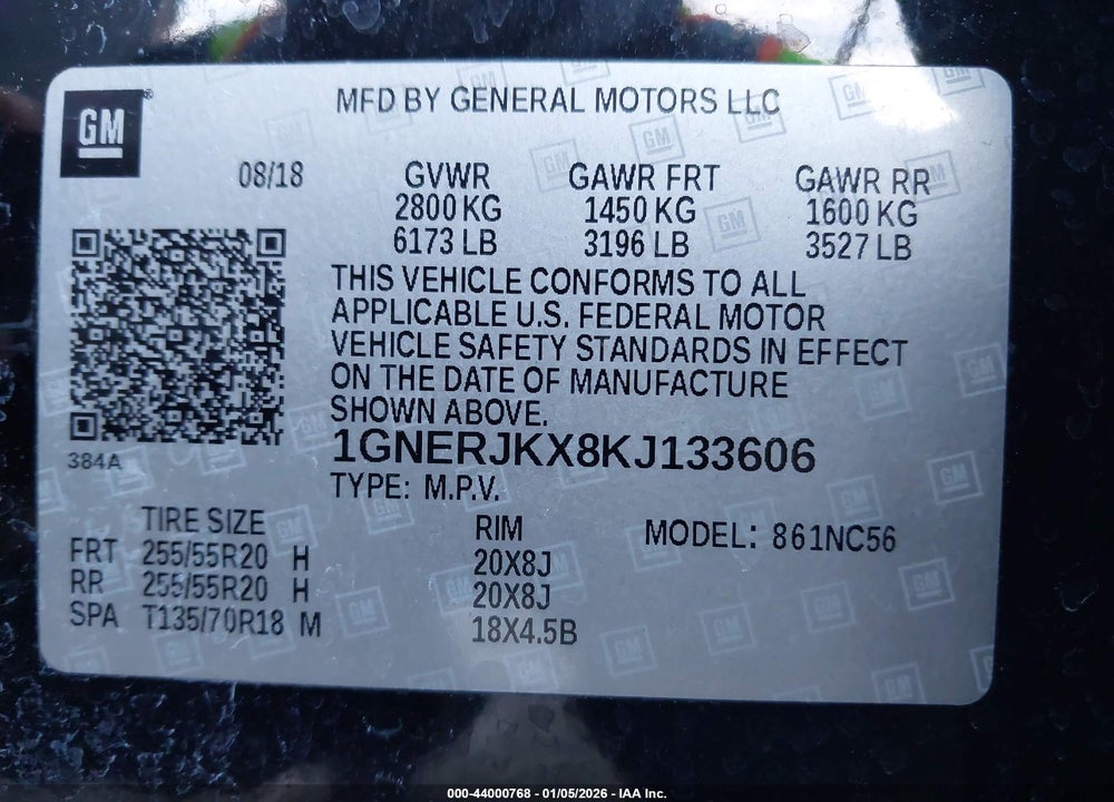 2019 CHEVROLET TRAVERSE RS VIN: 1GNERJKX8KJ133606