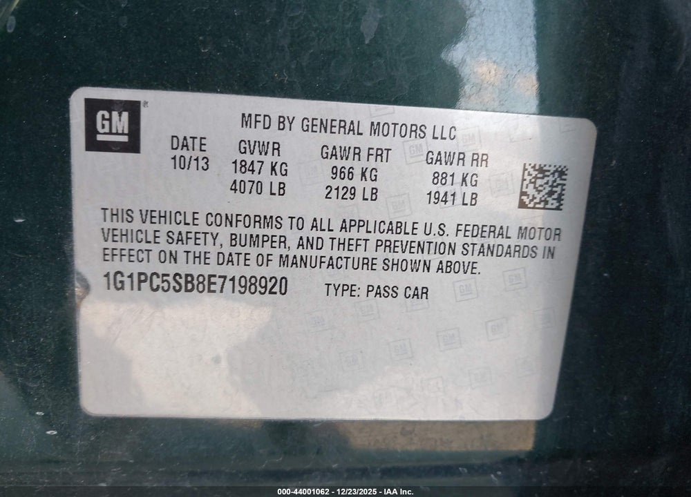 2014 CHEVROLET CRUZE 1LT AUTO VIN: 1G1PC5SB8E7198920