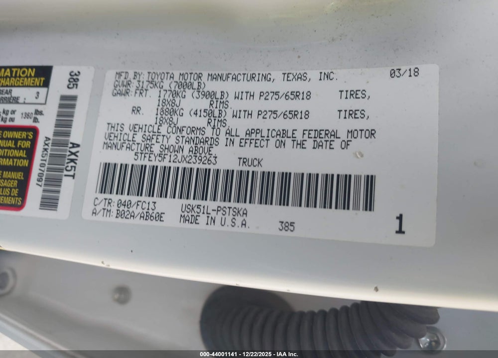 2018 TOYOTA TUNDRA SR5 5.7L V8 VIN: 5TFEY5F12JX239263