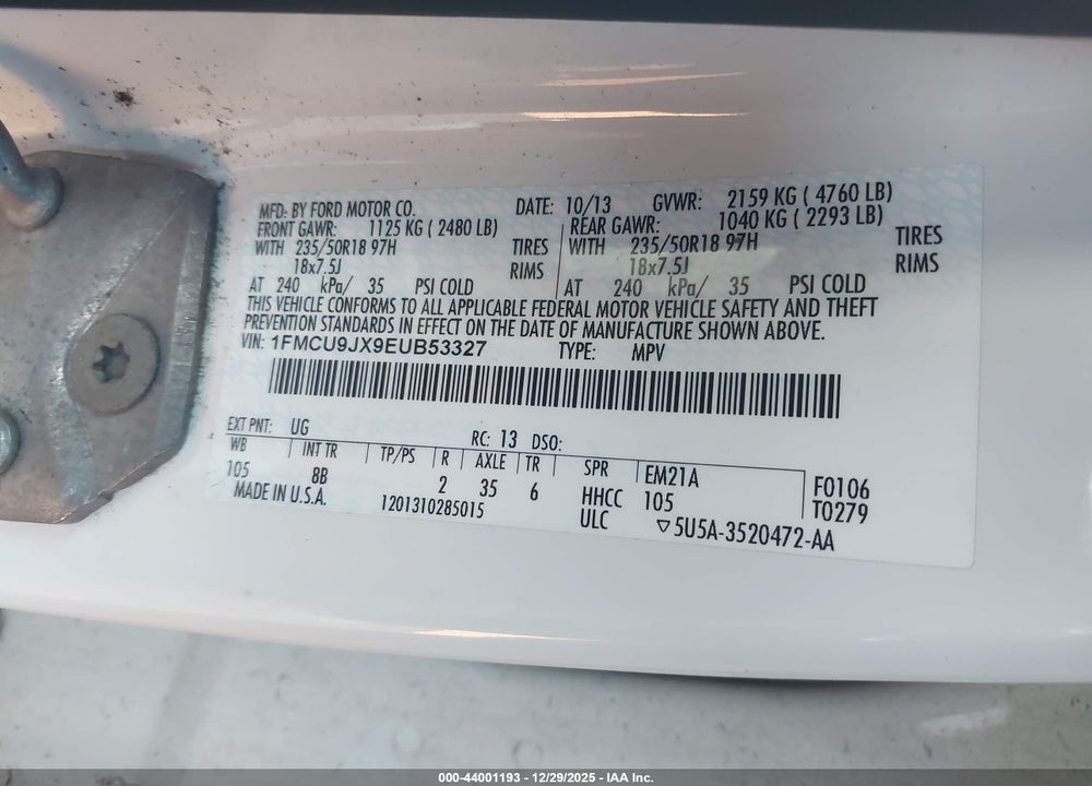 2014 FORD ESCAPE TITANIUM VIN: 1FMCU9JX9EUB53327