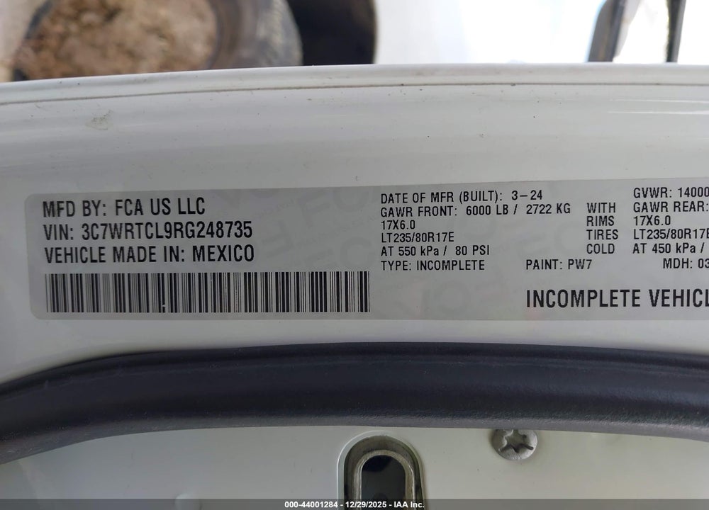 2024 RAM 3500 CHASSIS TRADESMAN/SLT/LAIE/LIMITED VIN: 3C7WRTCL9RG248735