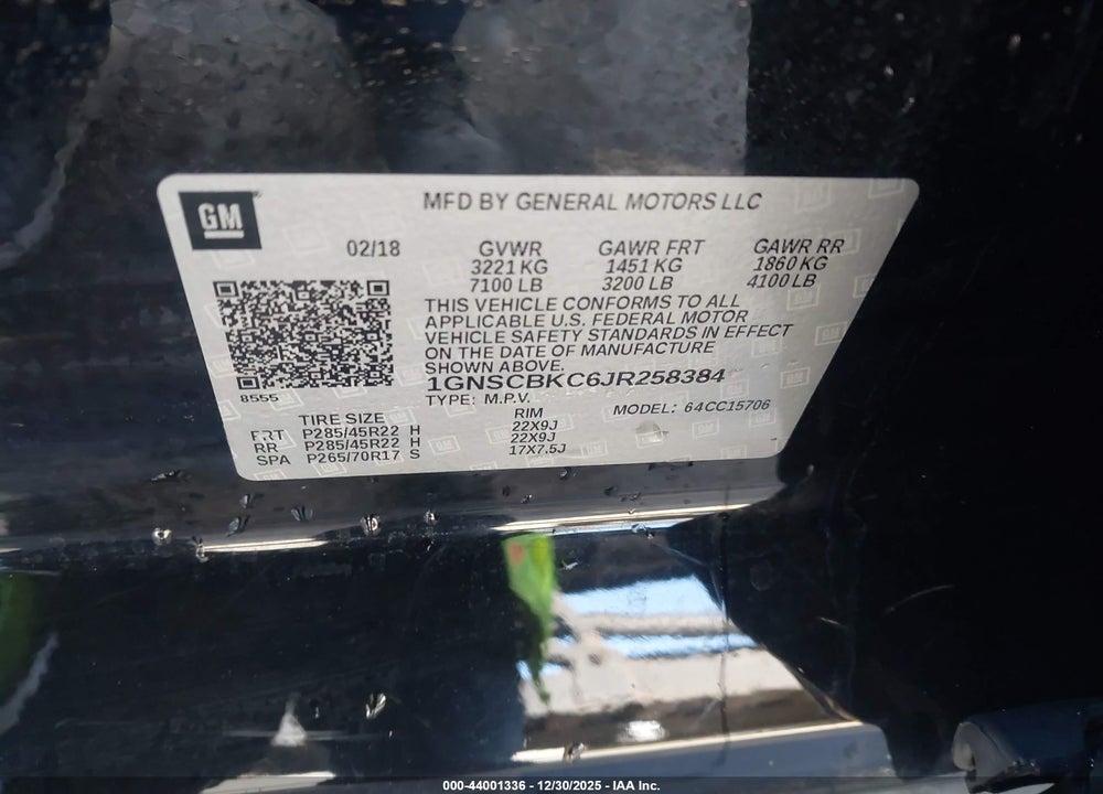 2018 CHEVROLET TAHOE LT VIN: 1GNSCBKC6JR258384
