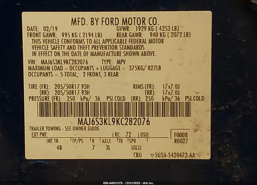 2019 FORD ECOSPORT TITANIUM VIN: MAJ6S3KL9KC282076