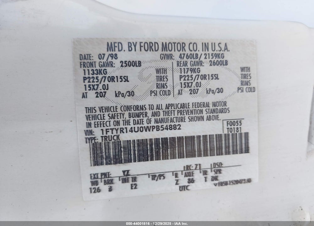 1998 FORD RANGER SPLASH/XL/XLT VIN: 1FTYR14U0WPB54882