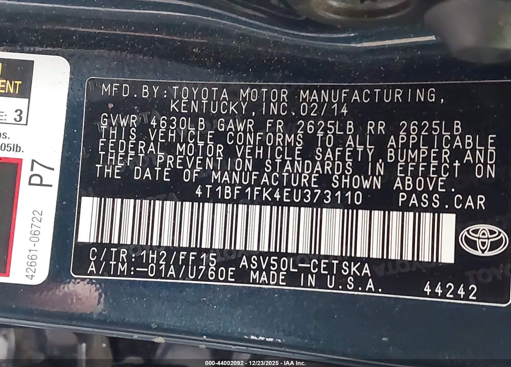 2014 TOYOTA CAMRY SE VIN: 4T1BF1FK4EU373110