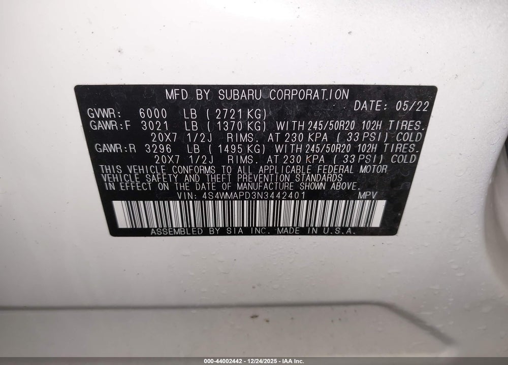 2022 SUBARU ASCENT LIMITED VIN: 4S4WMAPD3N3442401