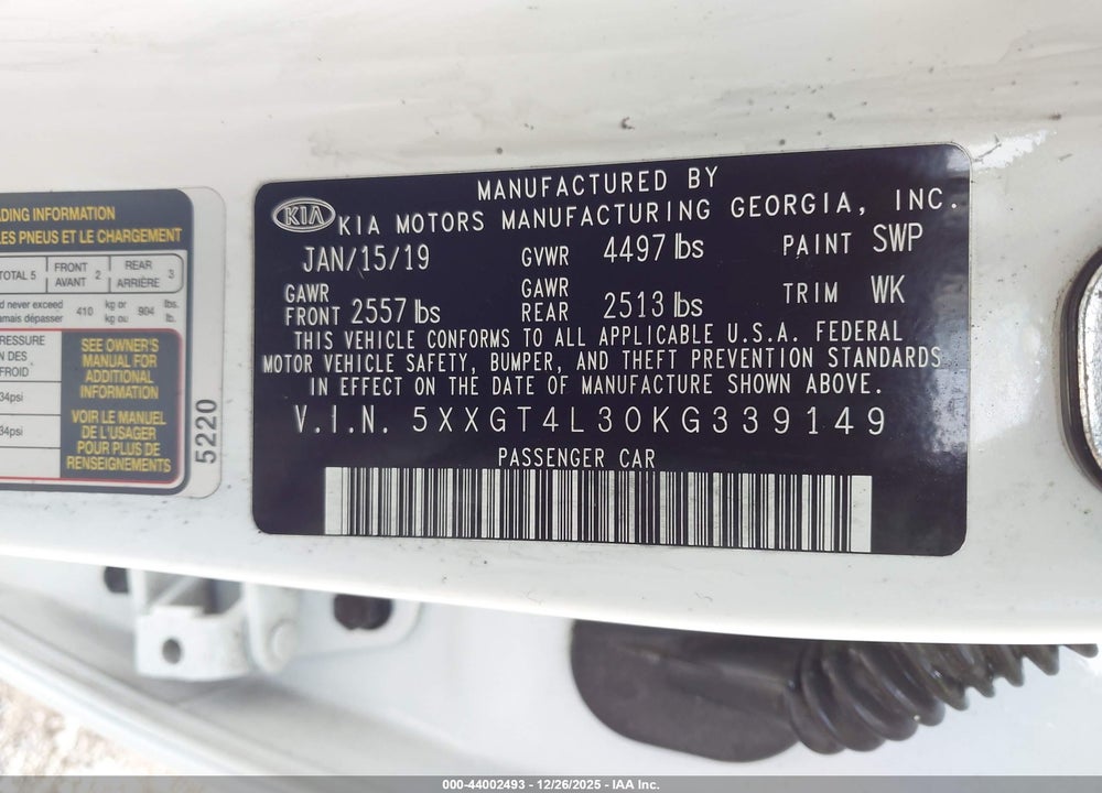 2019 KIA OPTIMA LX VIN: 5XXGT4L30KG339149