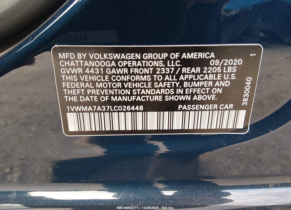2020 VOLKSWAGEN PASSAT 2.0T R-LINE VIN: 1VWMA7A37LC026448