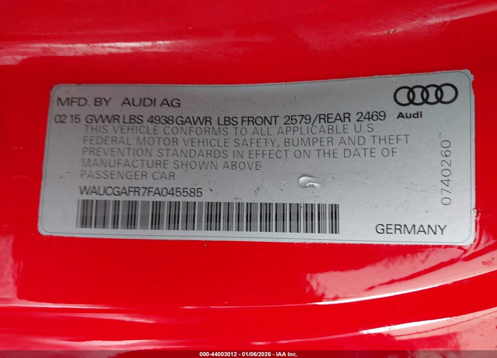 2015 AUDI S5 3.0T PREMIUM PLUS VIN: WAUCGAFR7FA045585