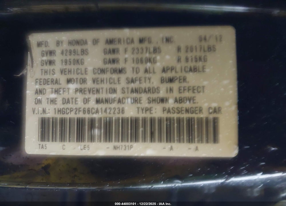 2012 HONDA ACCORD 2.4 SE VIN: 1HGCP2F66CA142238
