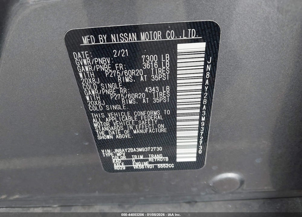 2021 NISSAN ARMADA SL 2WD VIN: JN8AY2BA3M9372730