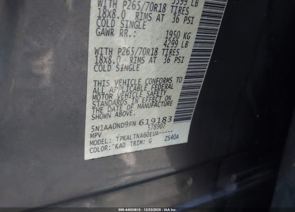 2015 NISSAN ARMADA SV VIN: 5N1AA0ND9FN619183