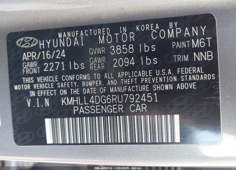 2024 HYUNDAI ELANTRA SE VIN: KMHLL4DG6RU792451
