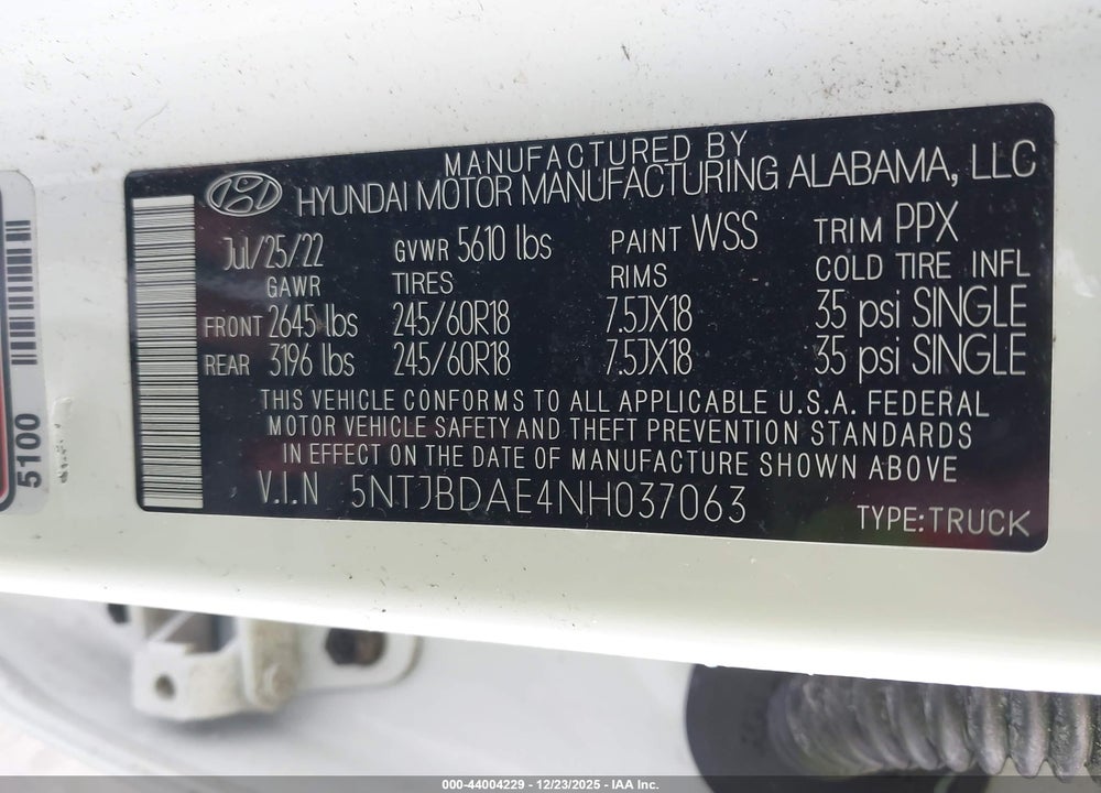 2022 HYUNDAI SANTA CRUZ SEL VIN: 5NTJBDAE4NH037063