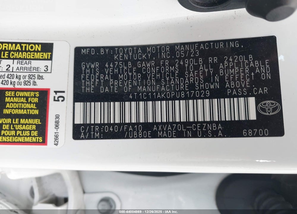 2023 TOYOTA CAMRY LE VIN: 4T1C11AK0PU817029