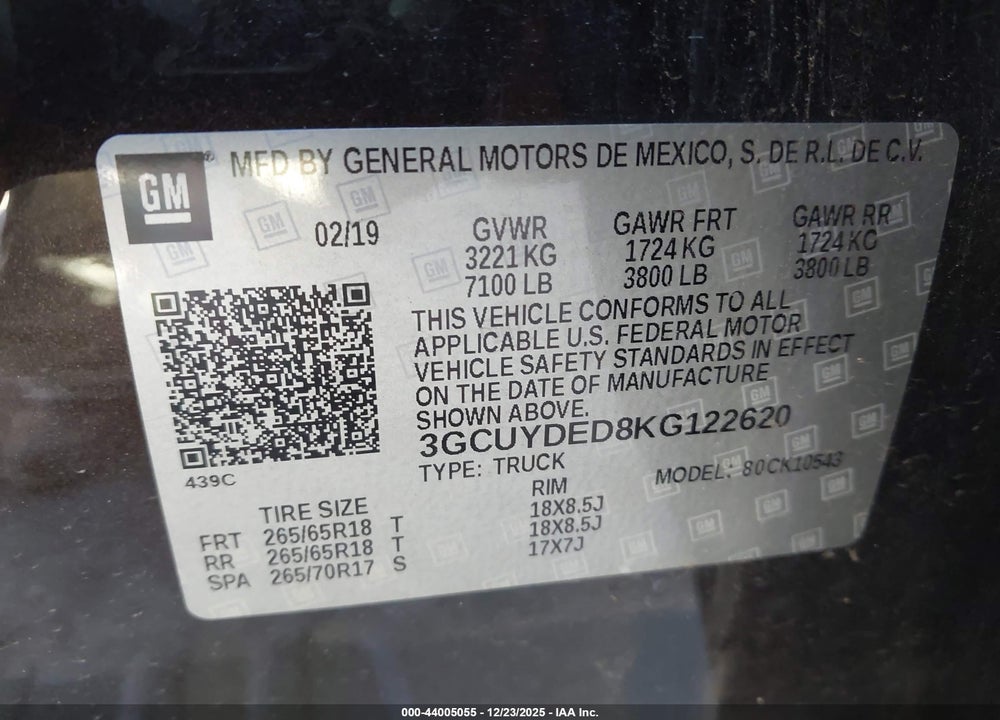2019 CHEVROLET SILVERADO 1500 LT VIN: 3GCUYDED8KG122620