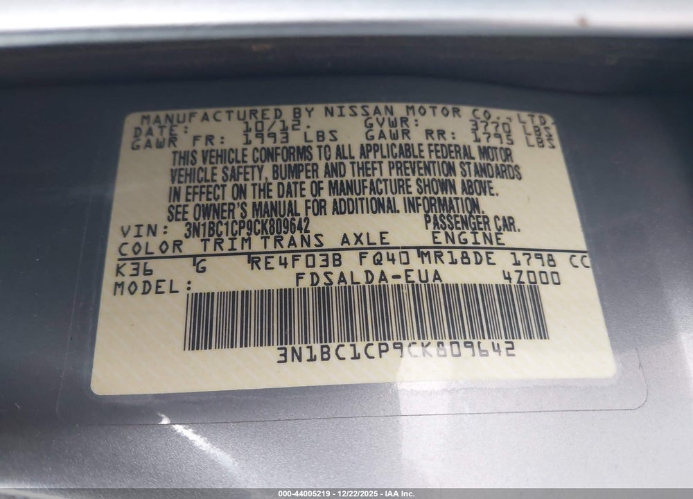 2012 NISSAN VERSA 1.8 S VIN: 3N1BC1CP9CK809642
