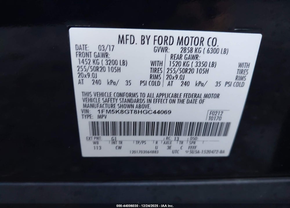 2017 FORD EXPLORER SPORT VIN: 1FM5K8GT8HGC44069