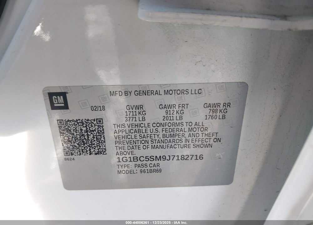2018 CHEVROLET CRUZE LS AUTO VIN: 1G1BC5SM9J7182716