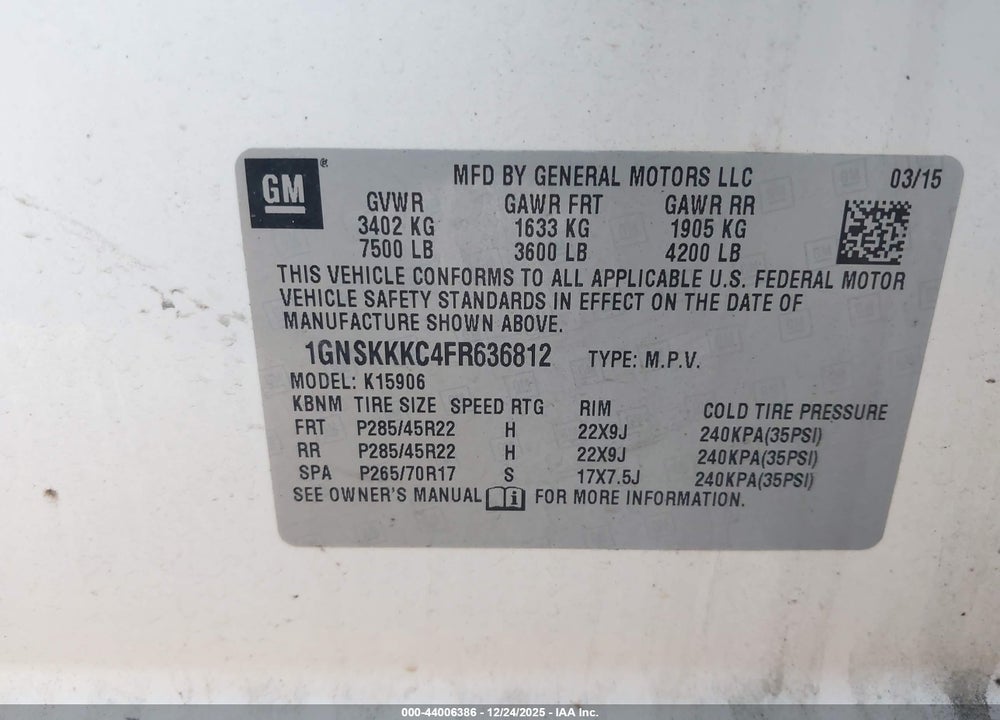 2015 CHEVROLET SUBURBAN 1500 LTZ VIN: 1GNSKKKC4FR636812