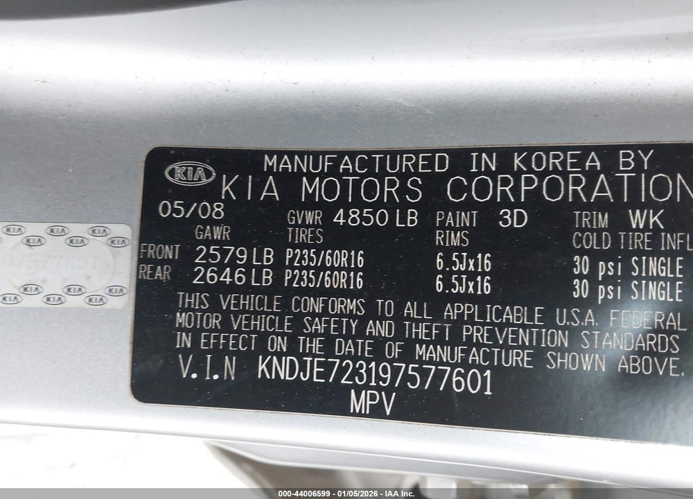 2009 KIA SPORTAGE LX V6 VIN: KNDJE723197577601
