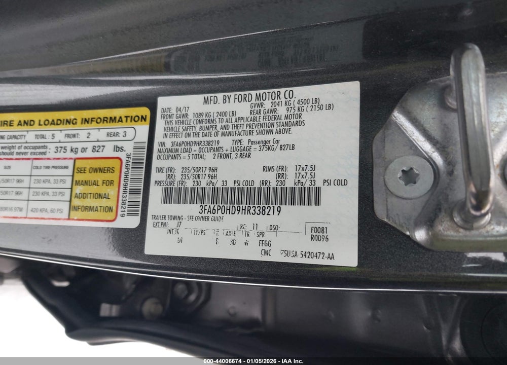 2017 FORD FUSION SE VIN: 3FA6P0HD9HR338219