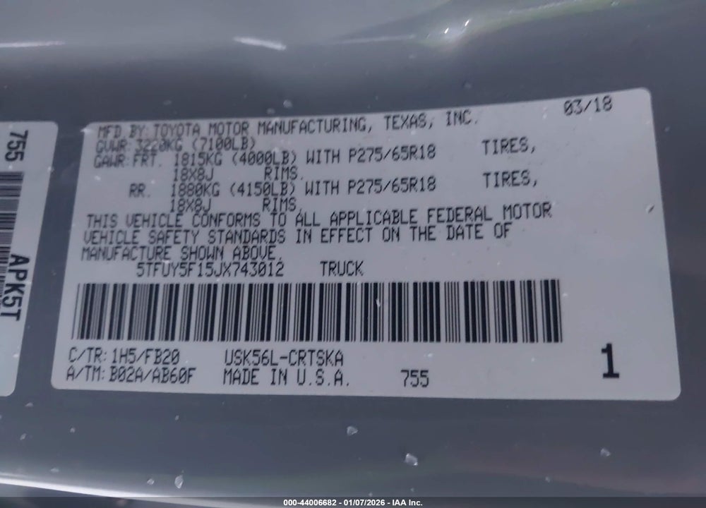 2018 TOYOTA TUNDRA SR5 5.7L V8 VIN: 5TFUY5F15JX743012