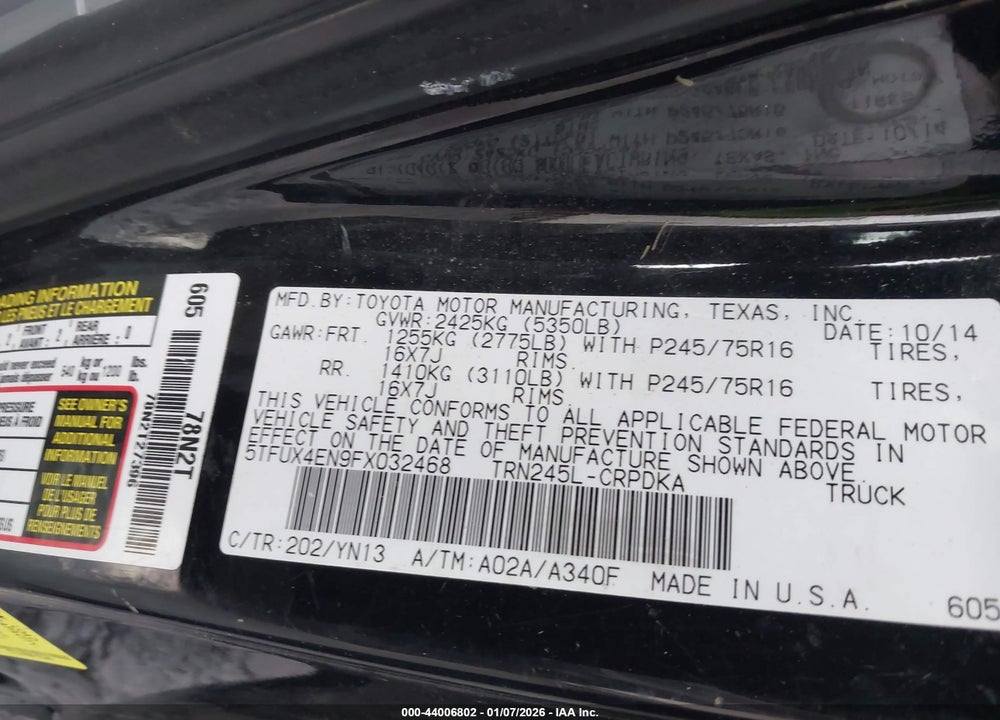 2015 TOYOTA TACOMA VIN: 5TFUX4EN9FX032468