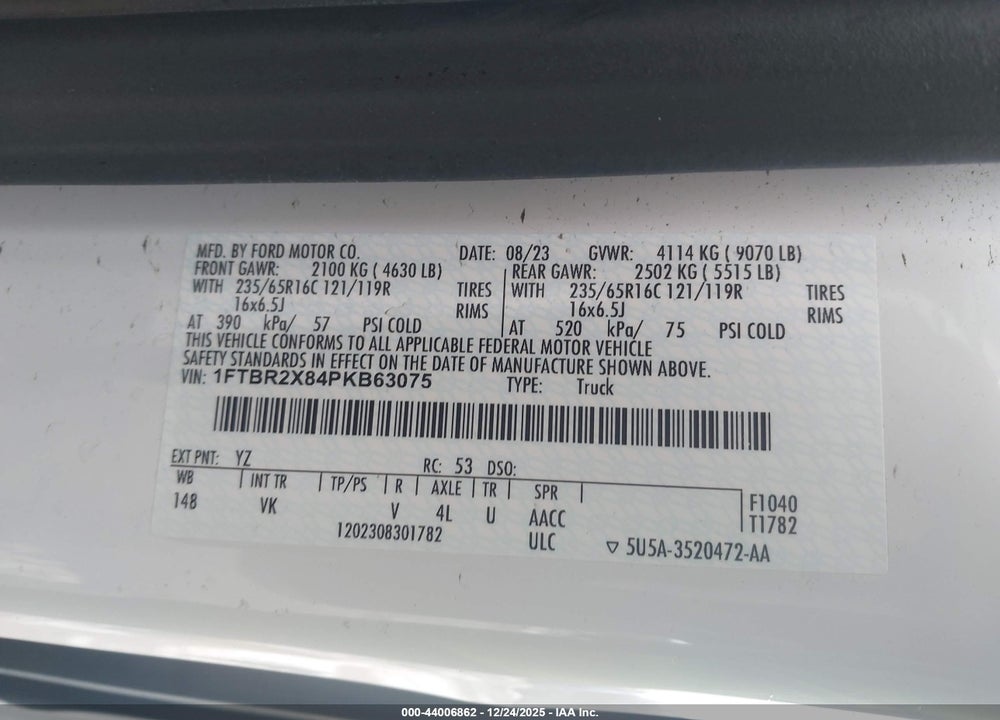 2023 FORD TRANSIT VIN: 1FTBR2X84PKB63075
