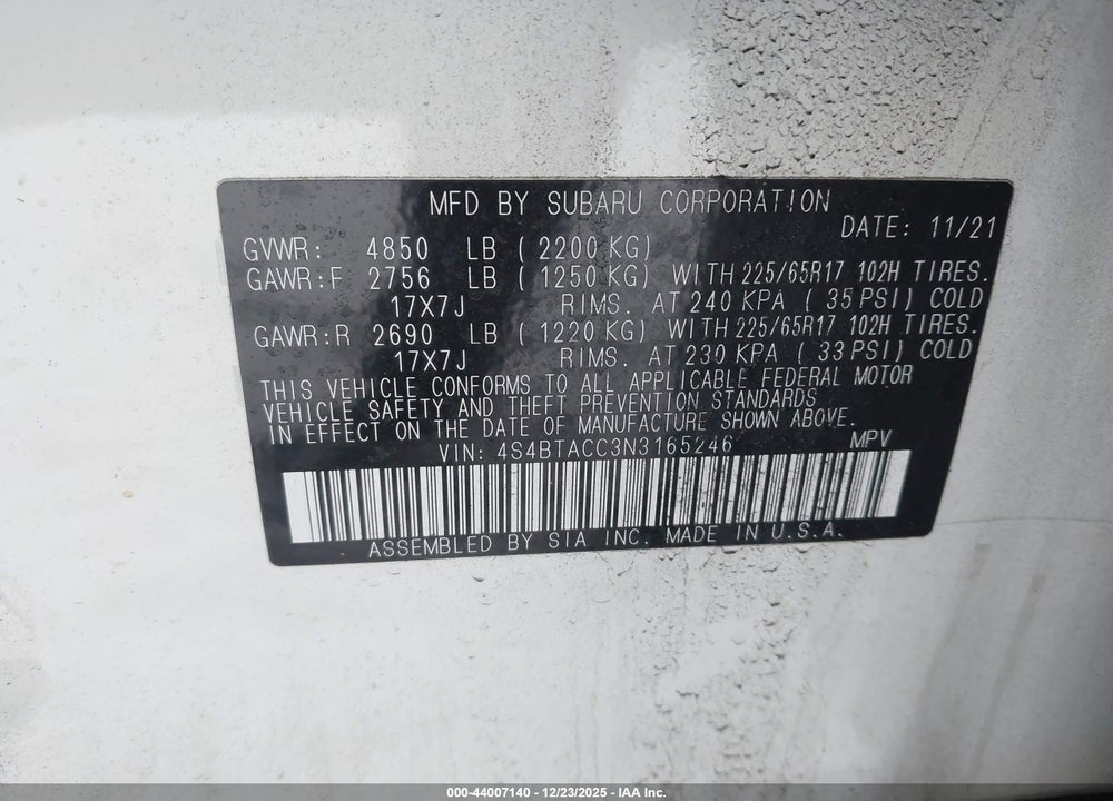 2022 SUBARU OUTBACK PREMIUM VIN: 4S4BTACC3N3165246