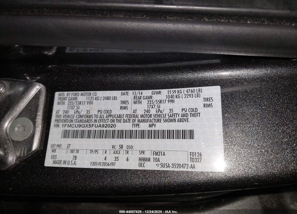 2015 FORD ESCAPE SE VIN: 1FMCU9GX5FUA92020