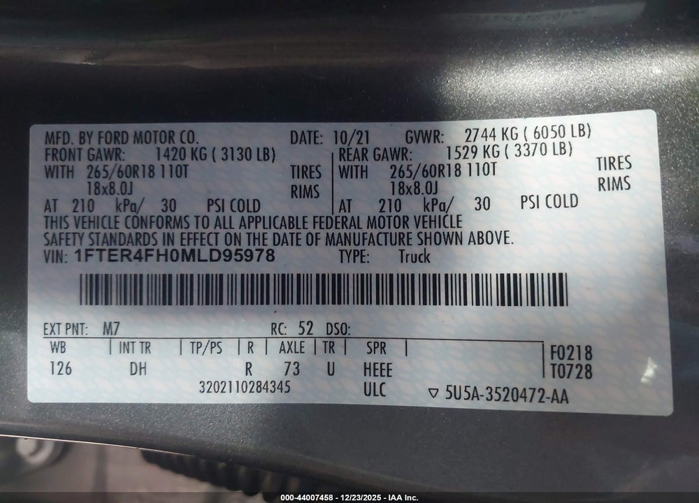2021 FORD RANGER LARIAT VIN: 1FTER4FH0MLD95978