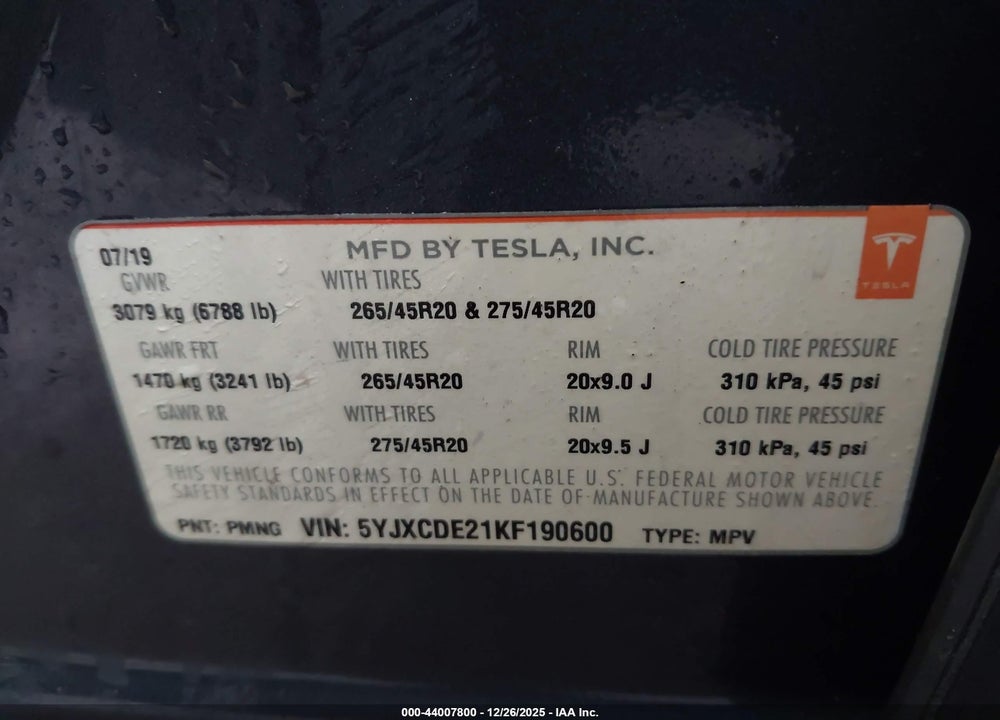 2019 TESLA MODEL X 100D/75D/LONG RANGE/STANDARD RANGE VIN: 5YJXCDE21KF190600