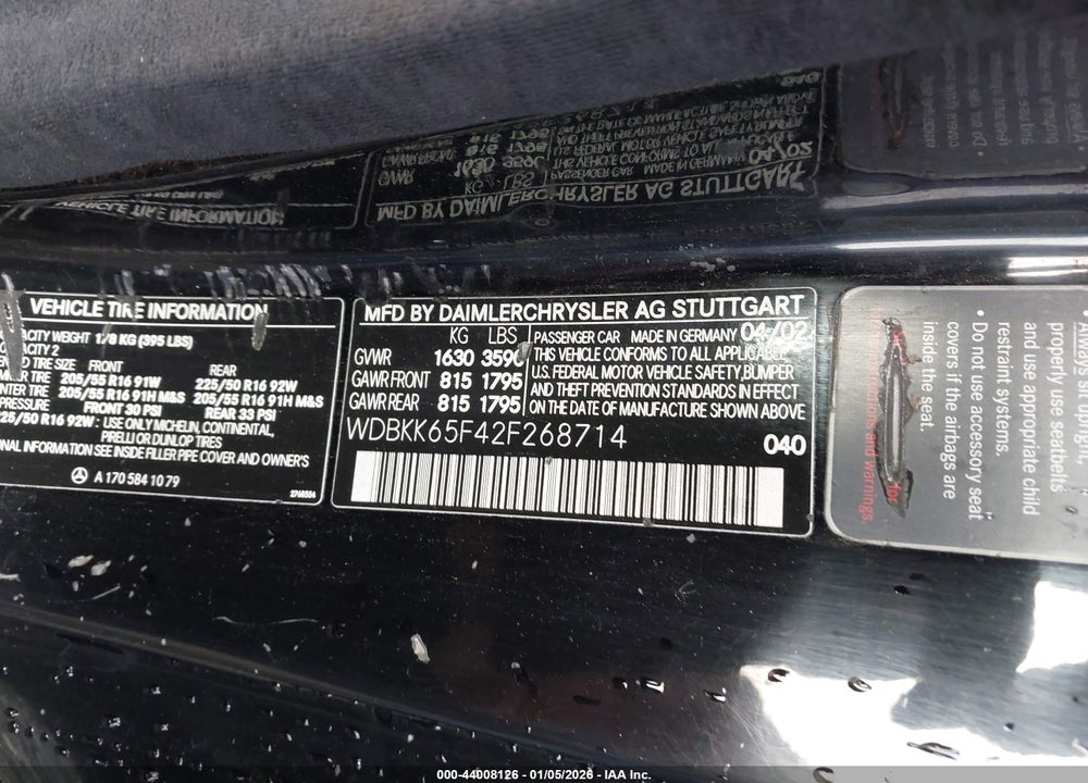 2002 MERCEDES-BENZ SLK 320 VIN: WDBKK65F42F268714