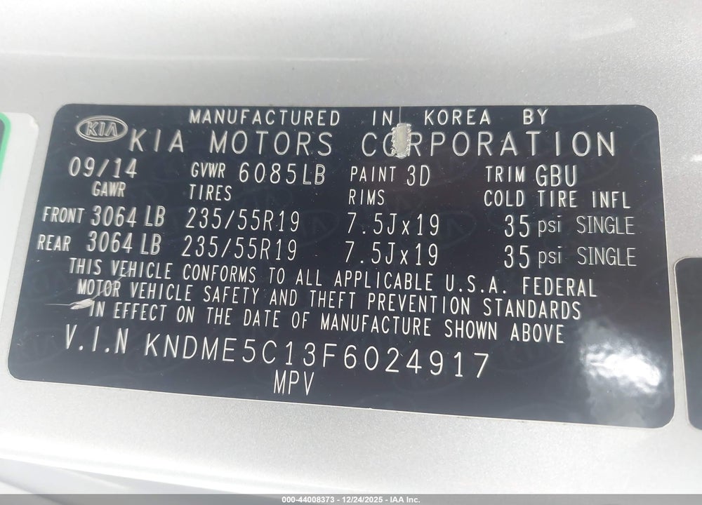 2015 KIA SEDONA SX LUXURY VIN: KNDME5C13F6024917